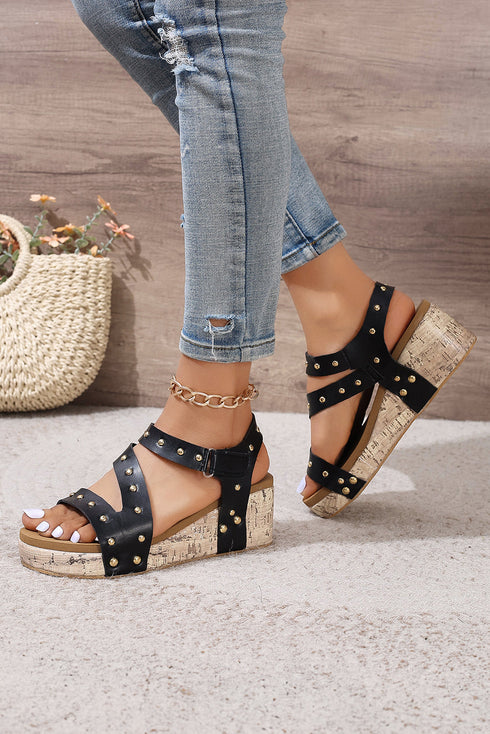 Rivet Accent Cutout Design Leather Wedge Sandals