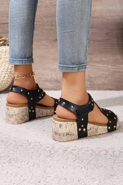 Rivet Accent Cutout Design Leather Wedge Sandals