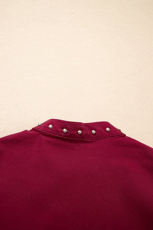 Rivet Embellished Cotton V Neck Short Puff Sleeve Blouse