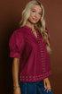 Rivet Embellished Cotton V Neck Short Puff Sleeve Blouse