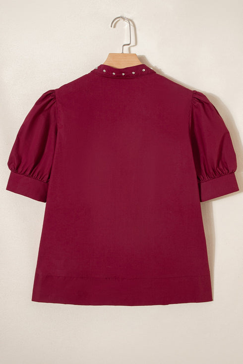Rivet Embellished Cotton V Neck Short Puff Sleeve Blouse