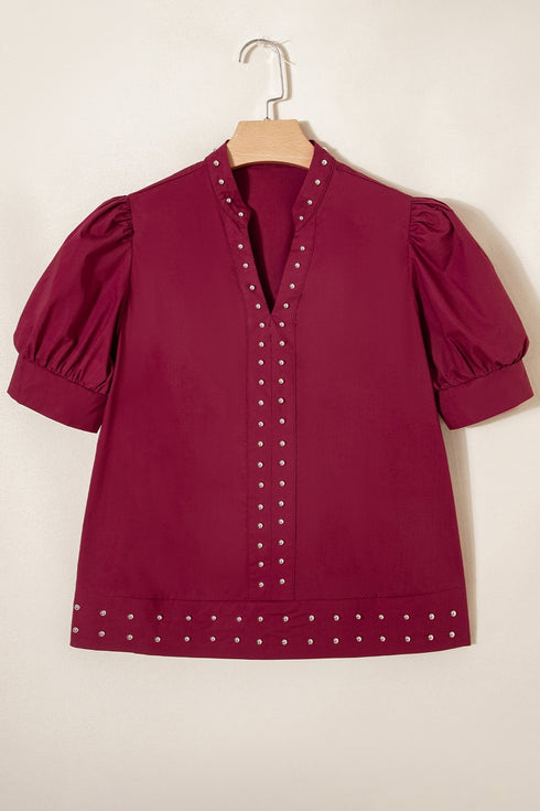 Rivet Embellished Cotton V Neck Short Puff Sleeve Blouse