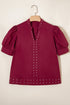 Rivet Embellished Cotton V Neck Short Puff Sleeve Blouse