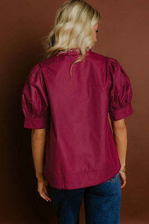 Rivet Embellished Cotton V Neck Short Puff Sleeve Blouse