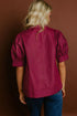 Rivet Embellished Cotton V Neck Short Puff Sleeve Blouse