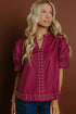 Rivet Embellished Cotton V Neck Short Puff Sleeve Blouse