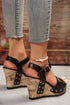 Rivet Studded T Strap Platform Faux Leather Wedge Sandals