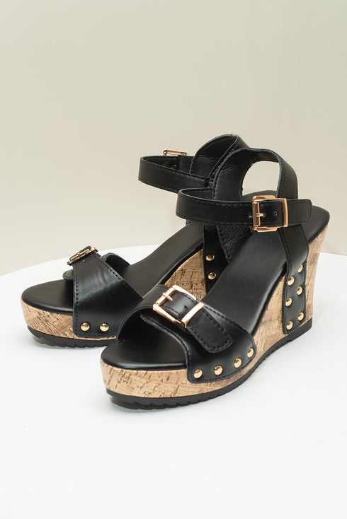 Rivet Studded T Strap Platform Faux Leather Wedge Sandals
