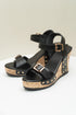 Rivet Studded T Strap Platform Faux Leather Wedge Sandals