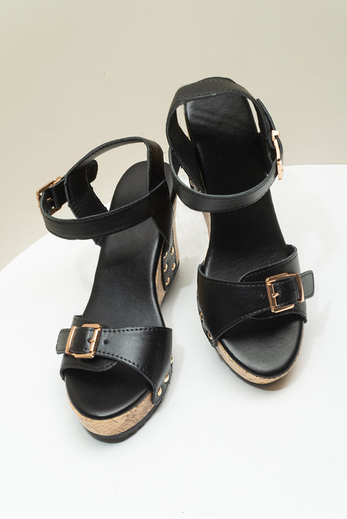 Rivet Studded T Strap Platform Faux Leather Wedge Sandals