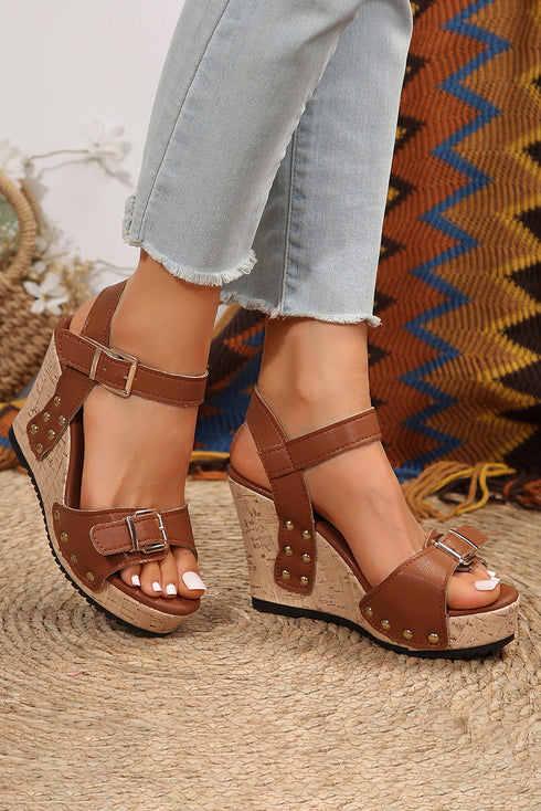 Rivet Studded T Strap Platform Faux Leather Wedge Sandals