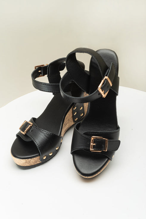 Rivet Studded T Strap Platform Faux Leather Wedge Sandals