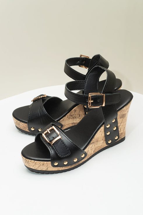 Rivet Studded T Strap Platform Faux Leather Wedge Sandals