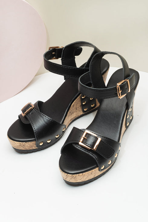 Rivet Studded T Strap Platform Faux Leather Wedge Sandals