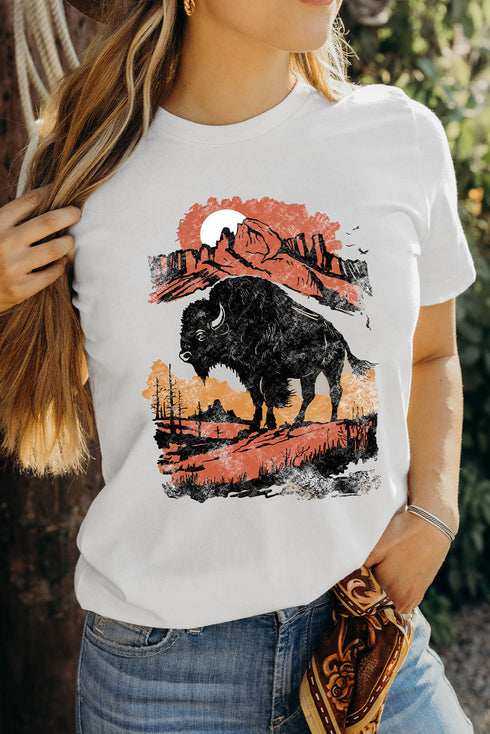 Roaming Buffalo Western Desert Scene Graphic Print T Shirt