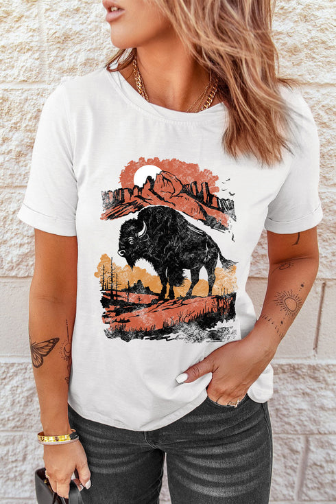 Roaming Buffalo Western Desert Scene Graphic Print T Shirt