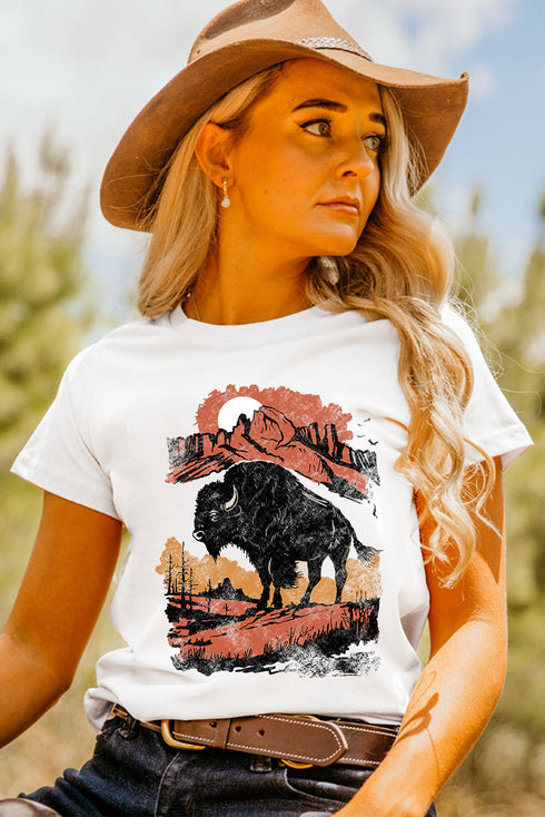 Roaming Buffalo Western Desert Scene Graphic Print T Shirt