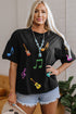 Rock And Roll Sequin Guitar Music Note Graphic Tee