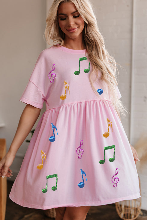Rock The Beat Sequin Music Note Graphic Raw Hem Babydoll Tee Dress
