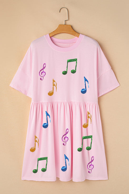 Rock The Beat Sequin Music Note Graphic Raw Hem Babydoll Tee Dress