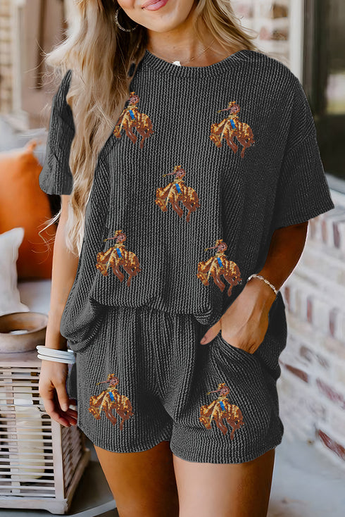 Rodeo Patch Graphic Ribbed Crop and Shorts Corded Set
