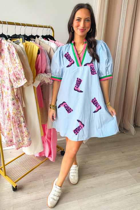 Rodeo Pop Sequin Cowboy Boot Contrast Trim Puff Sleeve Dress