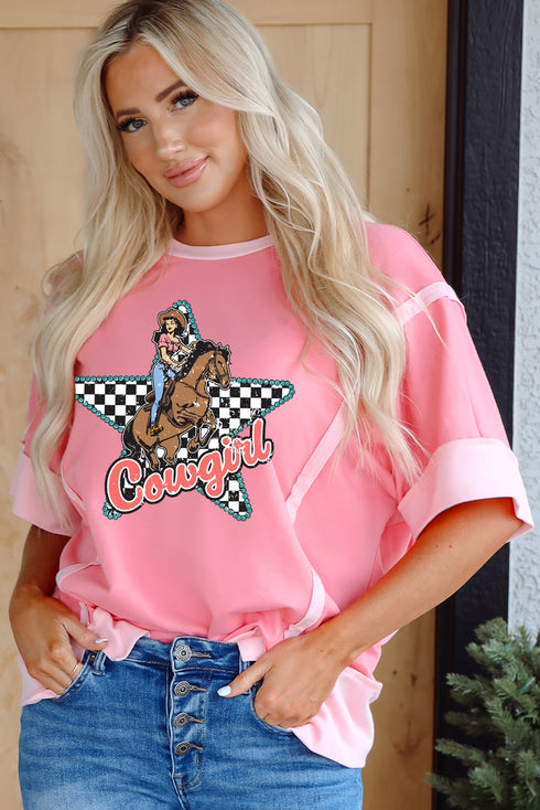 Rodeo Ready Retro Cowgirl Checkered Star Raw Seam Tee