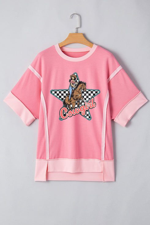 Rodeo Ready Retro Cowgirl Checkered Star Raw Seam Tee
