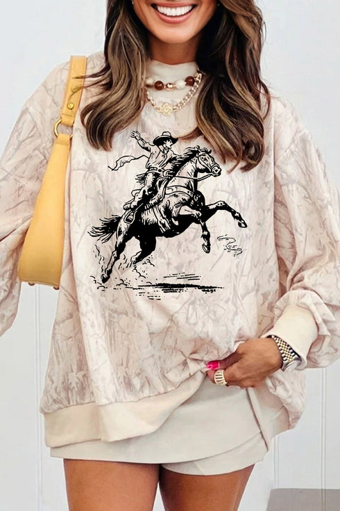 Rodeo Riding Print Western Mock Neck Sweatshirt