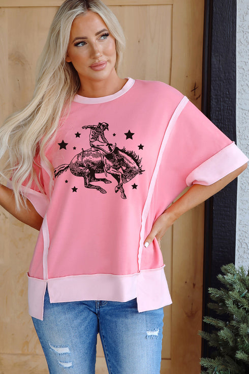 Rodeo Star Graphic Print Raw Seam Patchwork Casual Tee