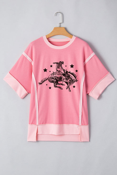 Rodeo Star Graphic Print Raw Seam Patchwork Casual Tee