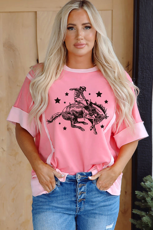 Rodeo Star Graphic Print Raw Seam Patchwork Casual Tee