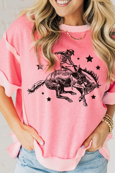 Rodeo Star Graphic Print Raw Seam Patchwork Casual Tee