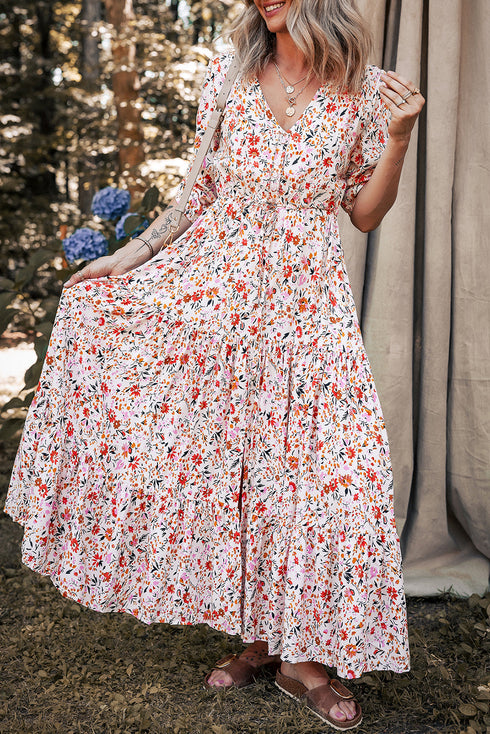 Romantic Blossom Half Sleeve V Neck Tiered A Line Maxi Dress