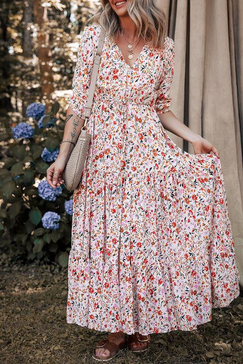 Romantic Blossom Half Sleeve V Neck Tiered A Line Maxi Dress
