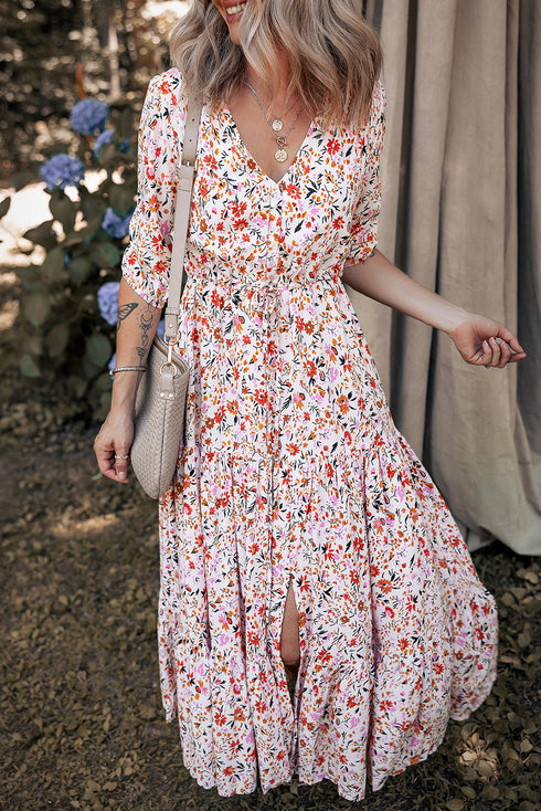 Romantic Blossom Half Sleeve V Neck Tiered A Line Maxi Dress