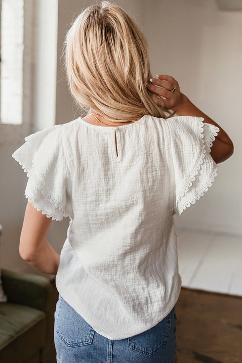 Romantic Crinkled Cotton Ruffled Flutter Sleeve Blouse Top