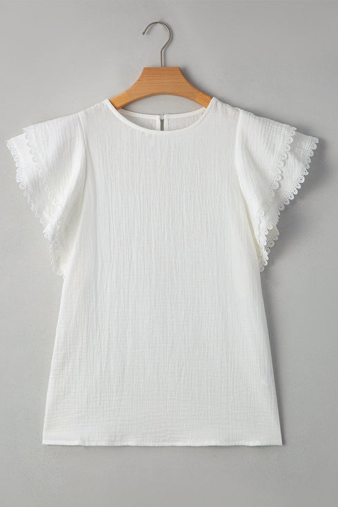 Romantic Crinkled Cotton Ruffled Flutter Sleeve Blouse Top