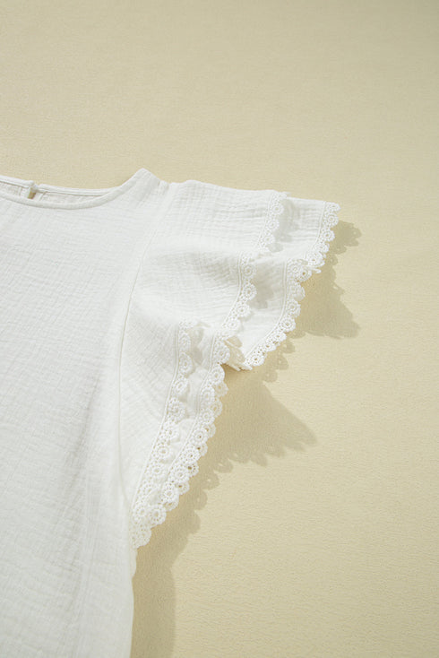 Romantic Crinkled Cotton Ruffled Flutter Sleeve Blouse Top