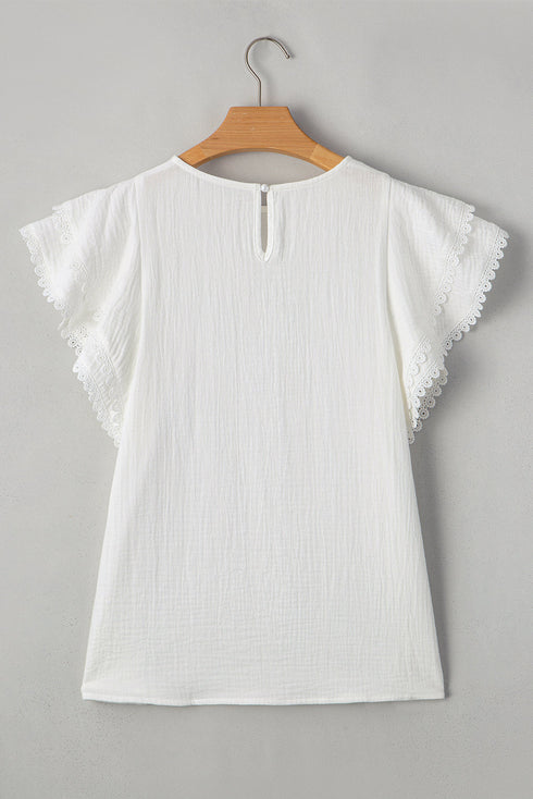 Romantic Crinkled Cotton Ruffled Flutter Sleeve Blouse Top