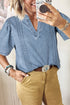Romantic Denim Pintuck Puff Sleeve Split V Neck Top