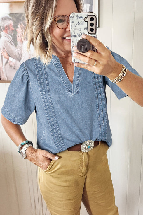 Romantic Denim Pintuck Puff Sleeve Split V Neck Top