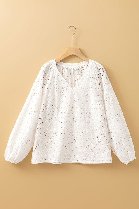 Romantic Eyelet Embroidered V Neck Puff Sleeve Cotton Blouse