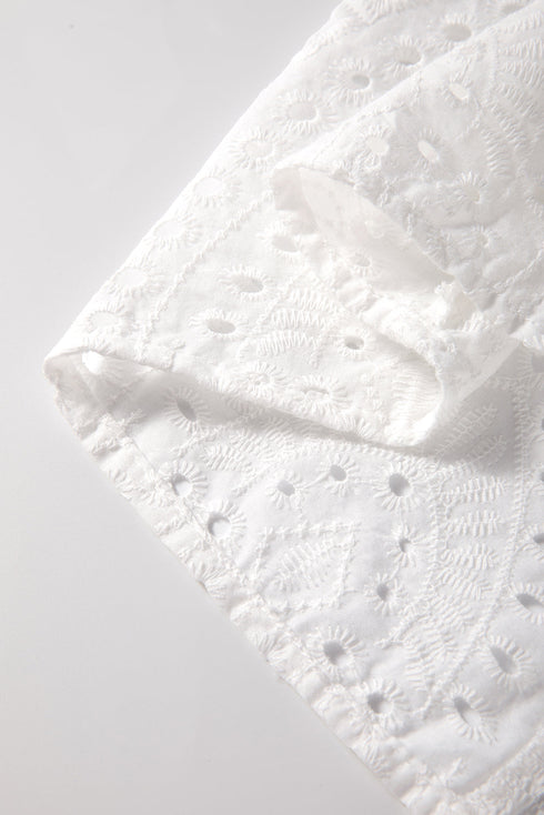 Romantic Eyelet Embroidered V Neck Puff Sleeve Cotton Blouse