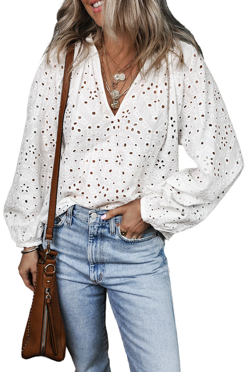 Romantic Eyelet Embroidered V Neck Puff Sleeve Cotton Blouse