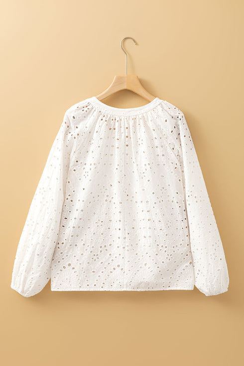 Romantic Eyelet Embroidered V Neck Puff Sleeve Cotton Blouse