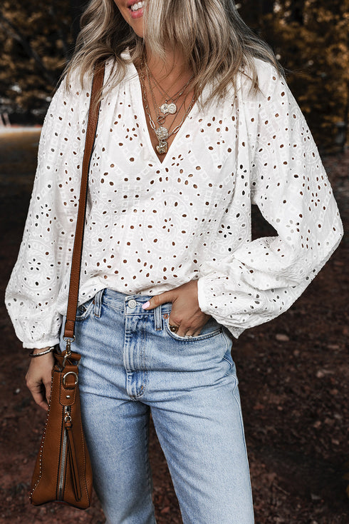 Romantic Eyelet Embroidered V Neck Puff Sleeve Cotton Blouse