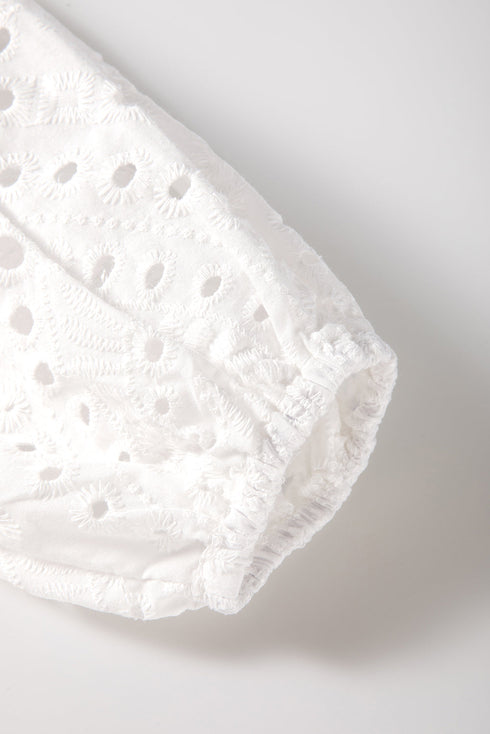 Romantic Eyelet Embroidered V Neck Puff Sleeve Cotton Blouse