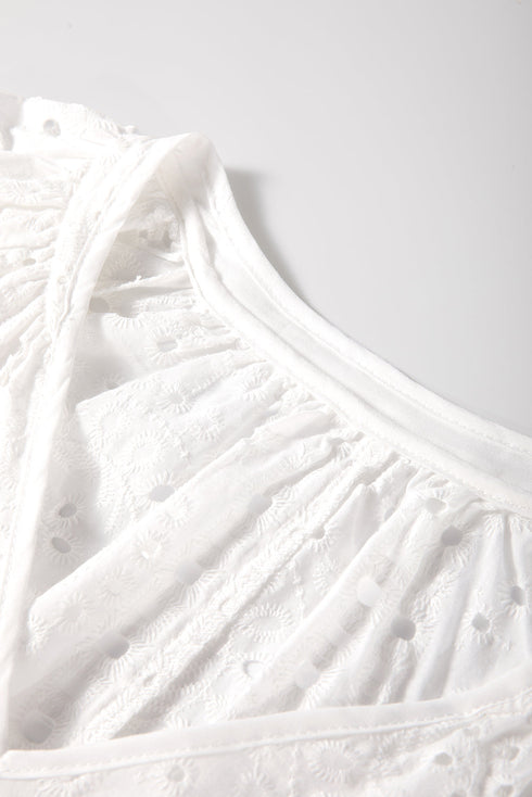 Romantic Eyelet Embroidered V Neck Puff Sleeve Cotton Blouse