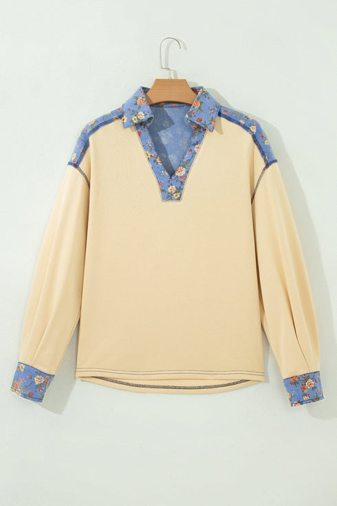 Romantic Floral Denim Collar Patchwork V Neck Top